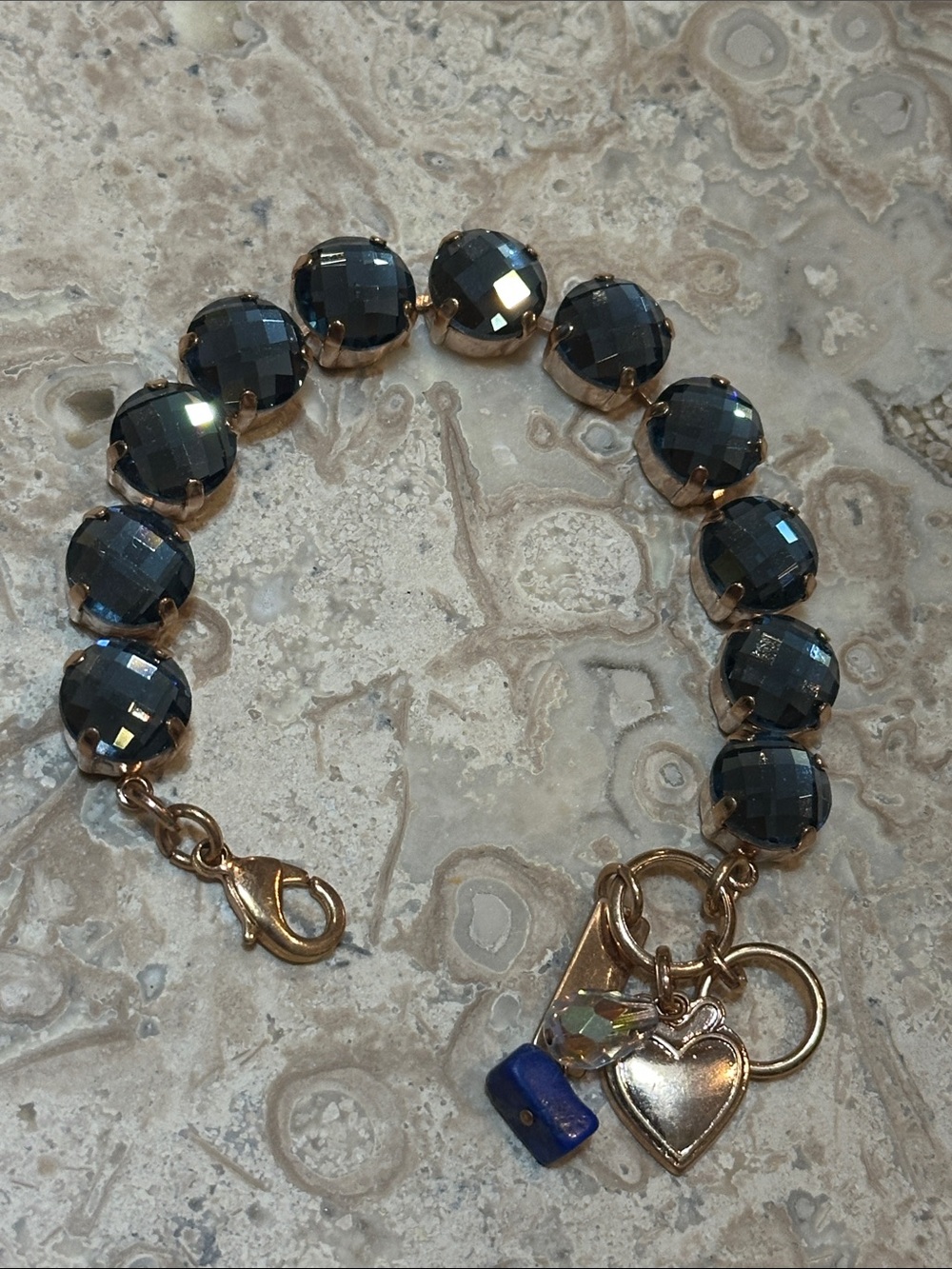 Mariana Gold-Tone Bracelet with Faceted Teal Blue Beads and Heart Charm
